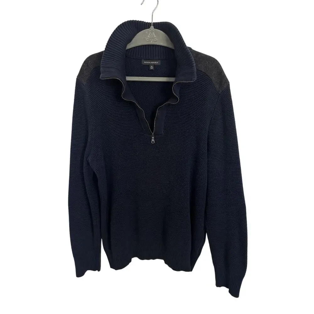 Banana Republic Quarter Zip Pullover Sweater Wool Patches Size XL Navy Blue